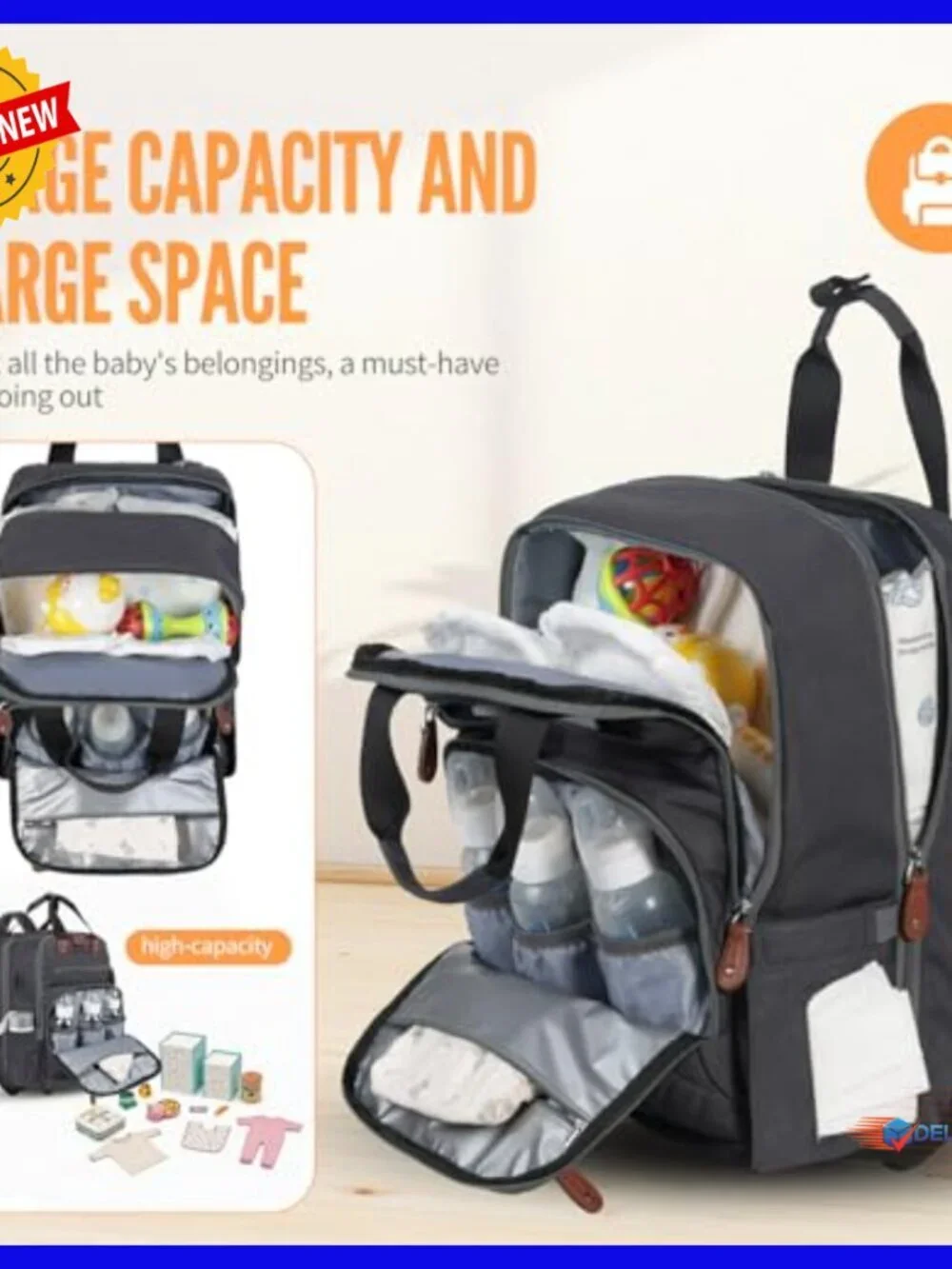 Convertible Rolling Diaper Backpack with Hidden Wheels, 35L Travel Bag
